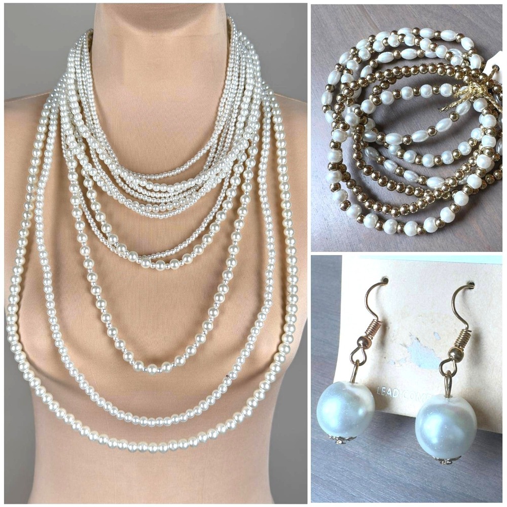 Multi Strand Pearl‎ Necklace & Matching Earrings Bracelet Set Gold Tone